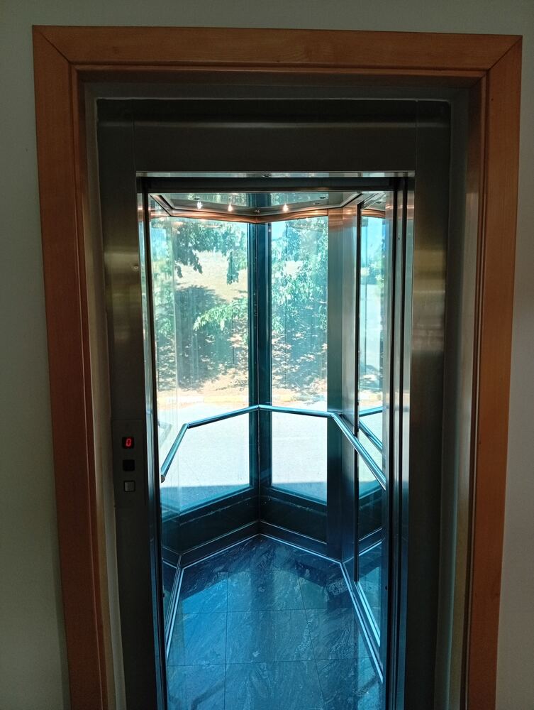 Glass panoramic lift with garden view